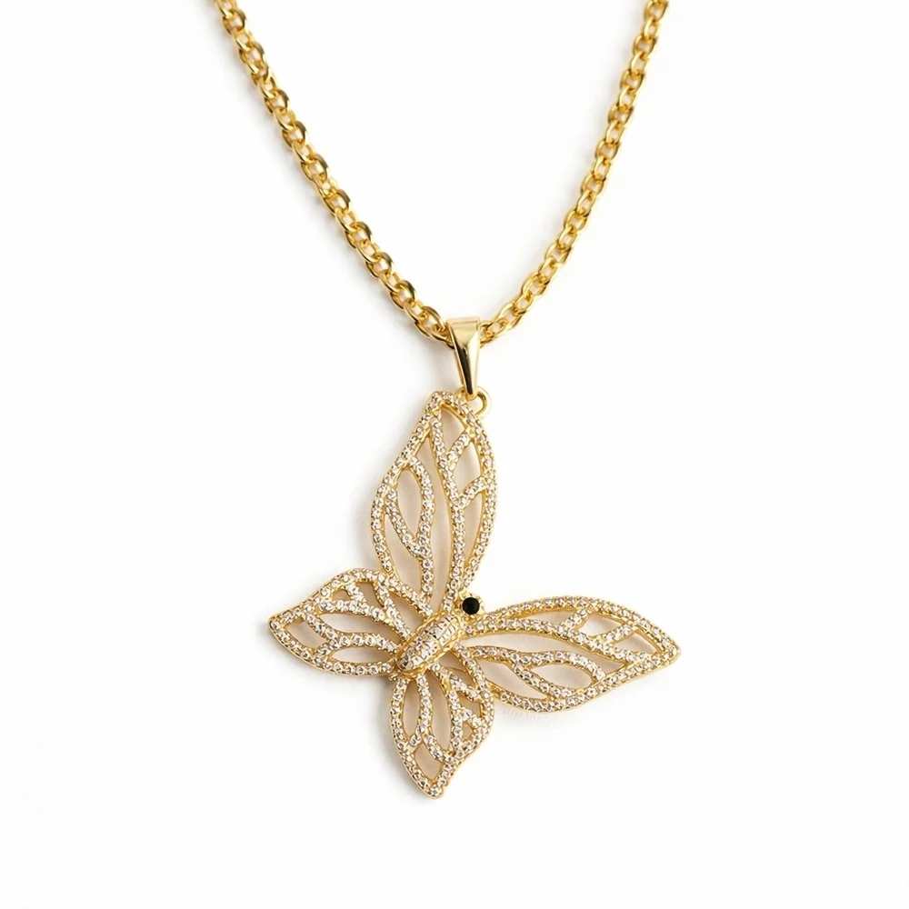 Gold Plated Butterfly Necklace  Chain  CZ Pendant  Elegant Dainty